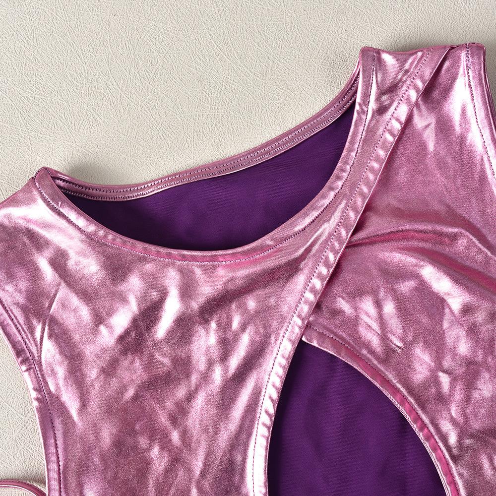 Pink Metallic Skirt Set Shiny Two Piece Rave Outfit Sleeveless Crop Top and Mini Skirt - jonesjonas