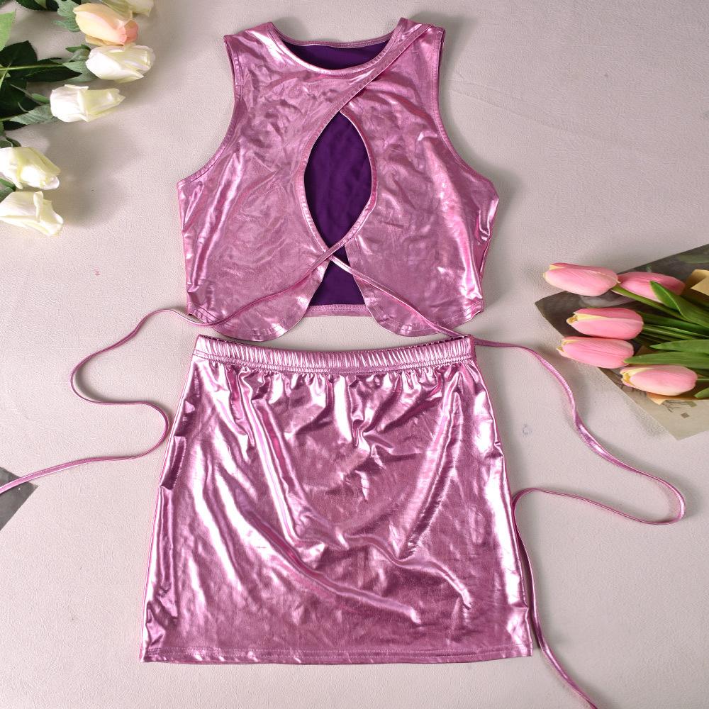 Pink Metallic Skirt Set Shiny Two Piece Rave Outfit Sleeveless Crop Top and Mini Skirt - jonesjonas