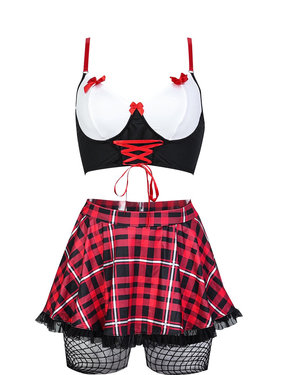 Plaid Lace Up Bra and Skirt Set