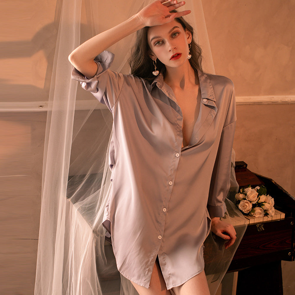 Women's Button Up Solid Nightshirt Long Sleeve Lapel Collar Nightie