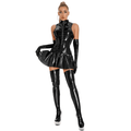 Wet Look A - Line Sleeveless Dress Zipper Up Skater Ruffle Dress Mini Cocktail Party Club Dress - jonesjonas