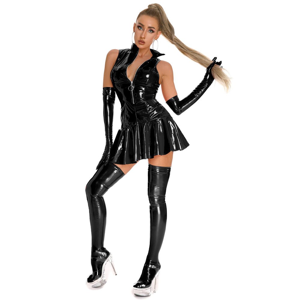 Wet Look A - Line Sleeveless Dress Zipper Up Skater Ruffle Dress Mini Cocktail Party Club Dress - jonesjonas