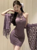Purple Lace Cheongsam Dress w/ Shawl