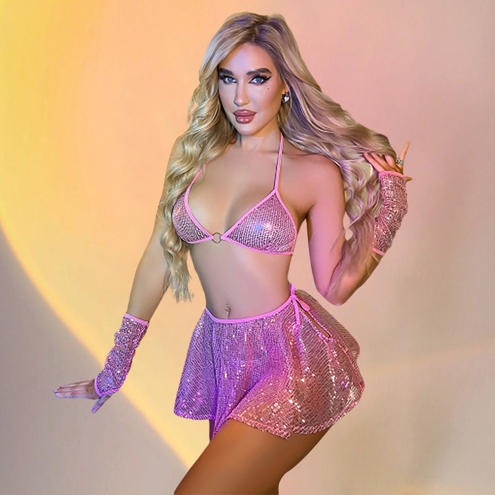 Yomorio Sequin Skirt Sets Sexy Striper Outfits Glitter Halter Triangle Bra and Thong Set - jonesjonas