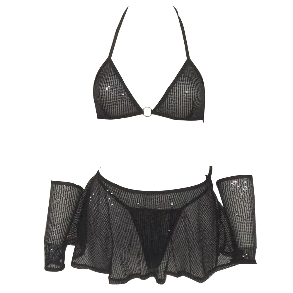 Yomorio Sequin Skirt Sets Sexy Striper Outfits Glitter Halter Triangle Bra and Thong Set - jonesjonas