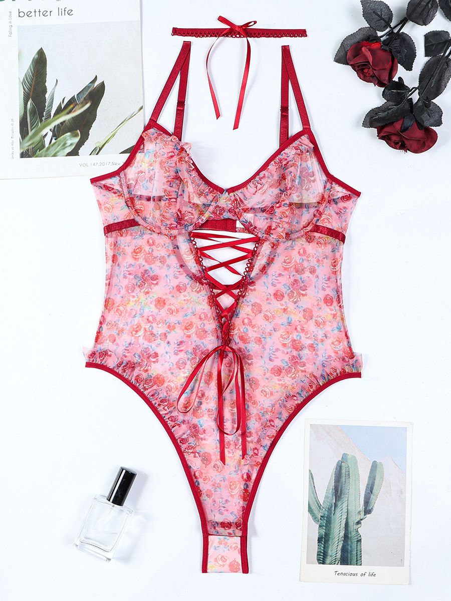 Romantic Floral Lace-Up Teddy Bodysuit