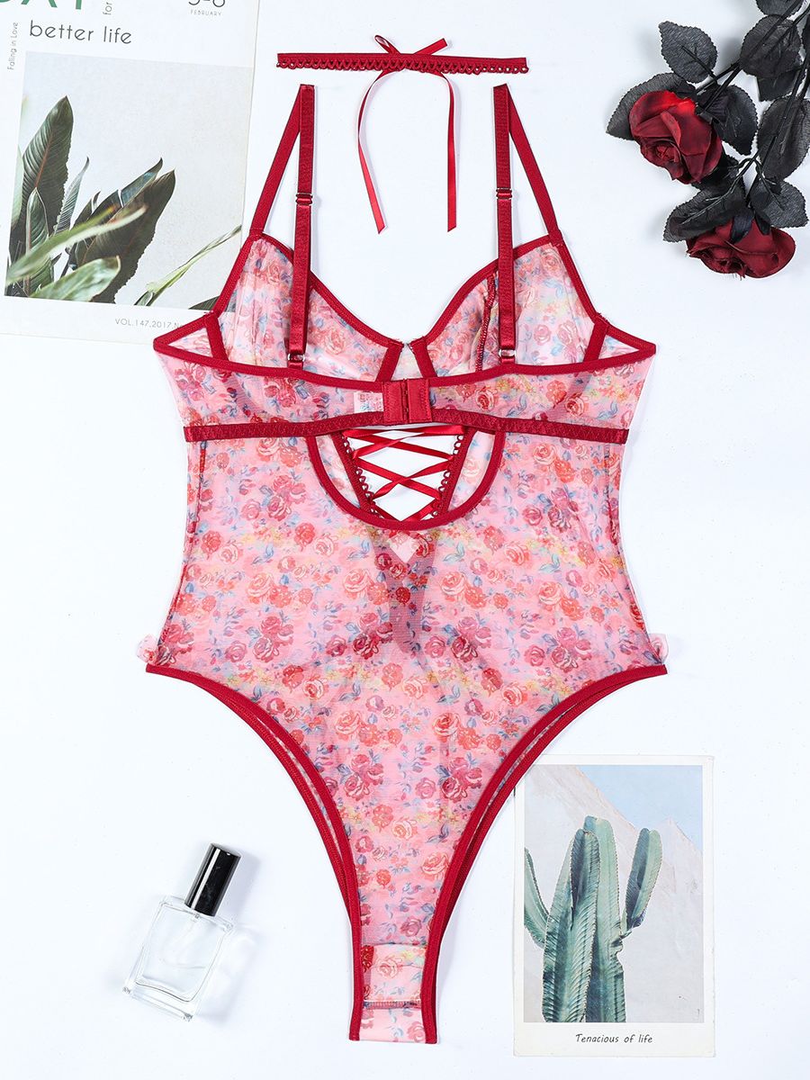 Romantic Floral Lace-Up Teddy Bodysuit