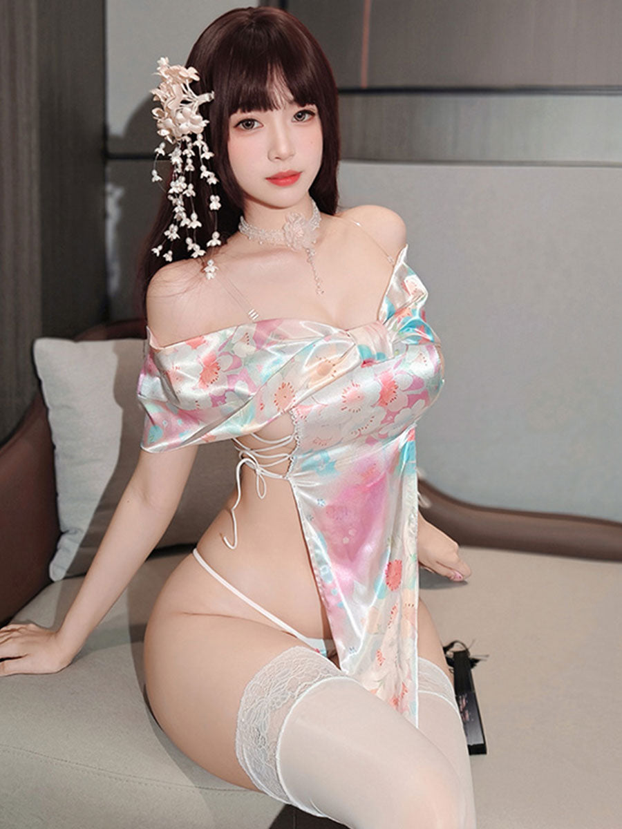 Satin Floral Print Kimono Inspired Dress