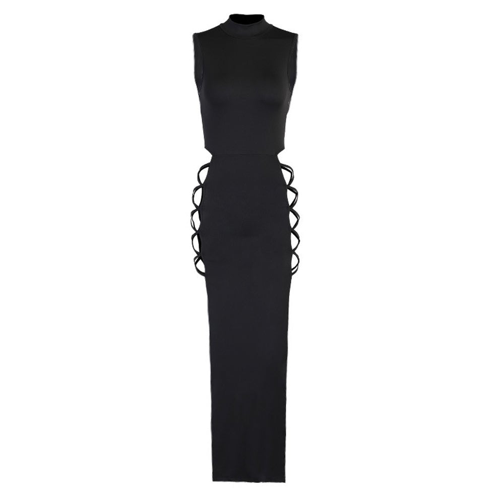 Sexy Crisscross Lace - up Cut Out Dresses for Women Mock Neck High Slit Bodycon Maxi Dress - jonesjonas