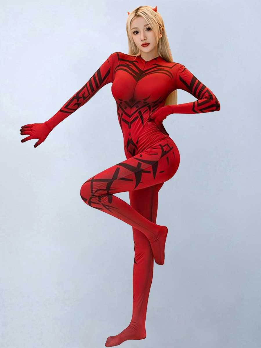 Red Spider Web Print Crotchless Jumpsuit
