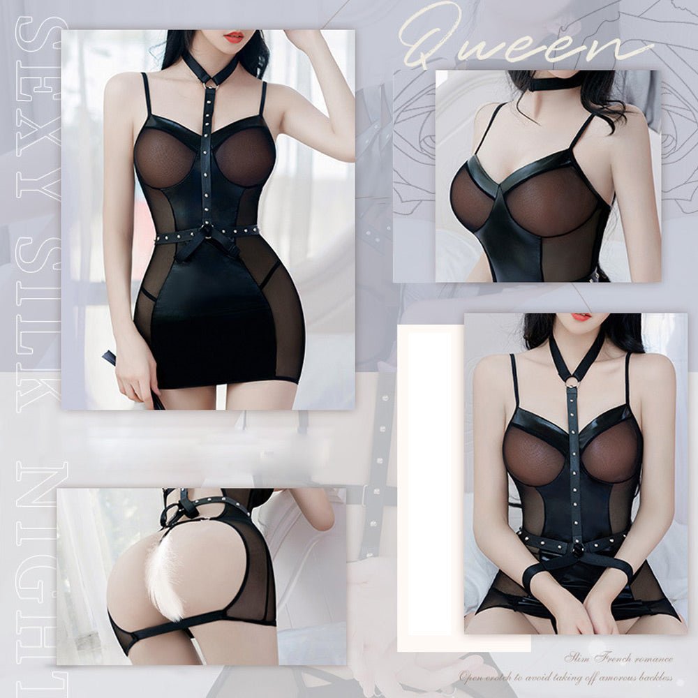 Sexy Exotic Lingerie Set Wet Look Bodycon Dress with Harness Sheer Mesh Backless Lingerie Dress - jonesjonas