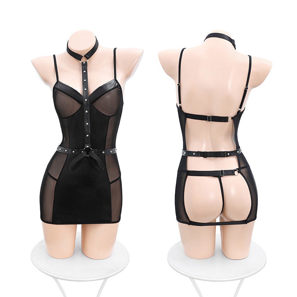 Sexy Exotic Lingerie Set Wet Look Bodycon Dress with Harness Sheer Mesh Backless Lingerie Dress - jonesjonas