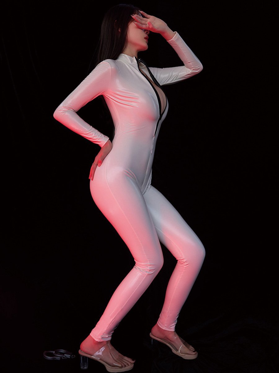 White Zipper Up Latex Catsuit - jonesjonas