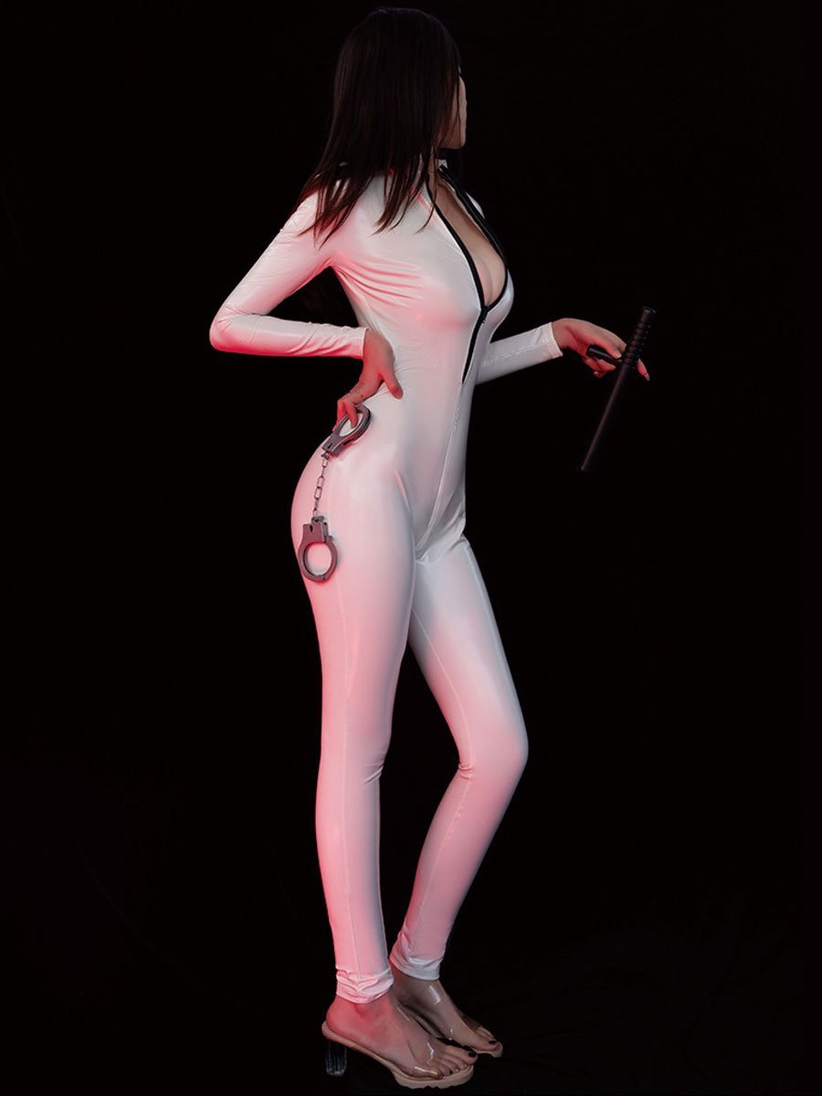 White Zipper Up Latex Catsuit - jonesjonas