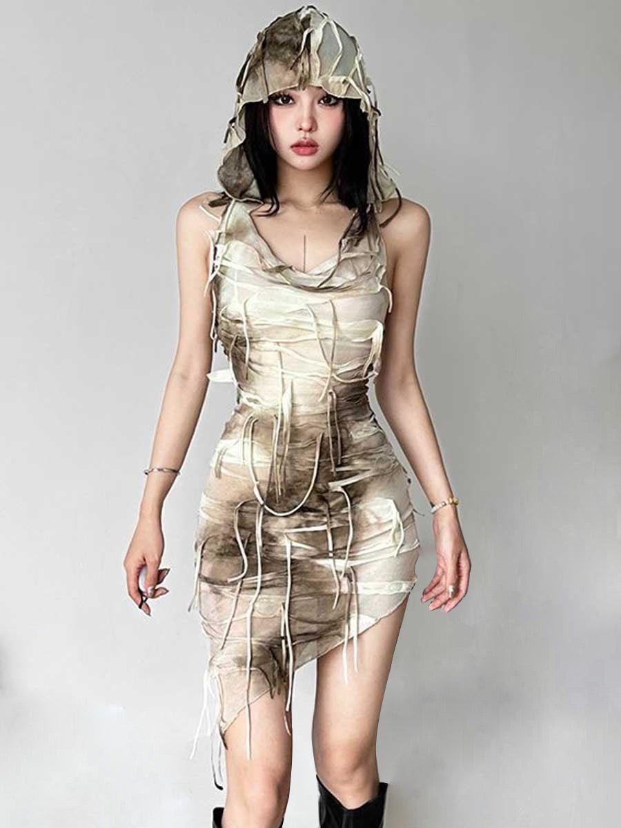 Tie Dye Fringe Hooded Mini Dress - jonesjonas