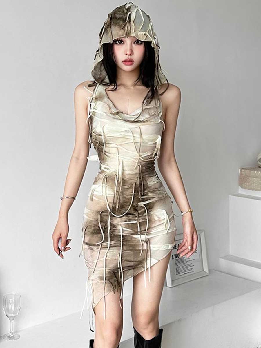 Tie Dye Fringe Hooded Mini Dress - jonesjonas