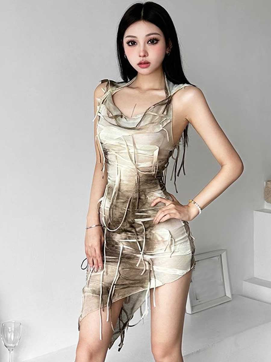 Tie Dye Fringe Hooded Mini Dress - jonesjonas