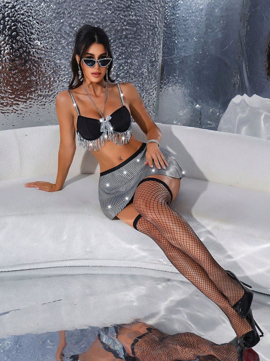Fringe Bra and Metallic Mini Skirt