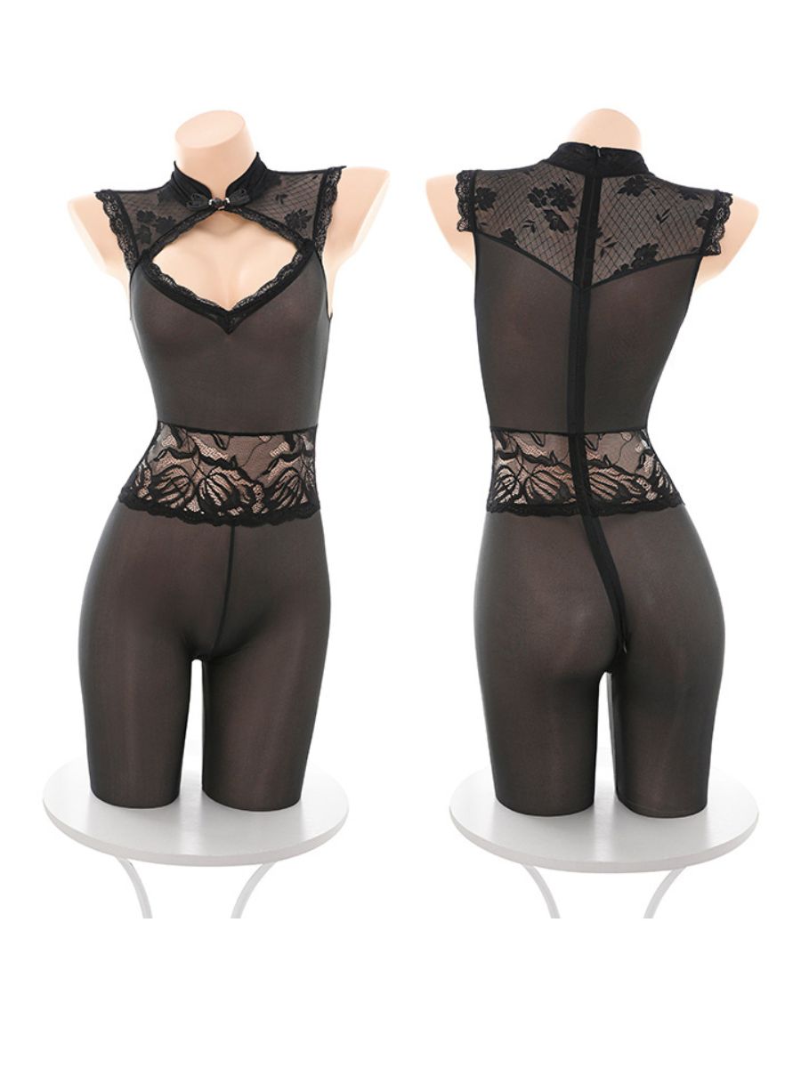 Lace Cheongsam Zipper Crotch Bodystocking