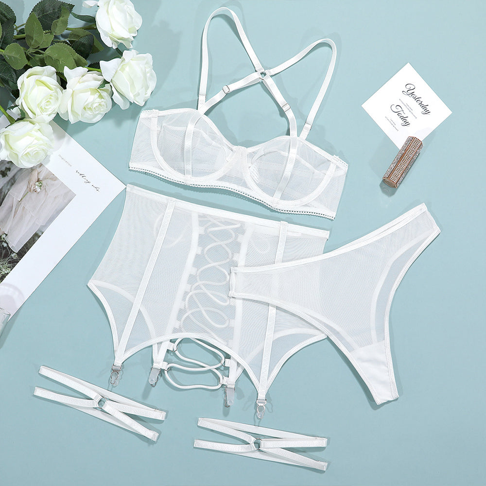 Sheer Mesh Garter Bar Set Criss Cross Strappy Garter Belt Bra and Panty