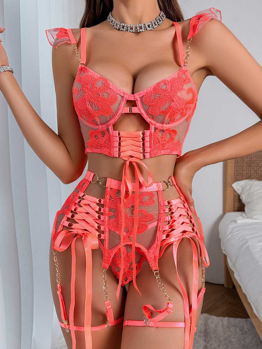 Floral Embroidered Lace Up Bra Set