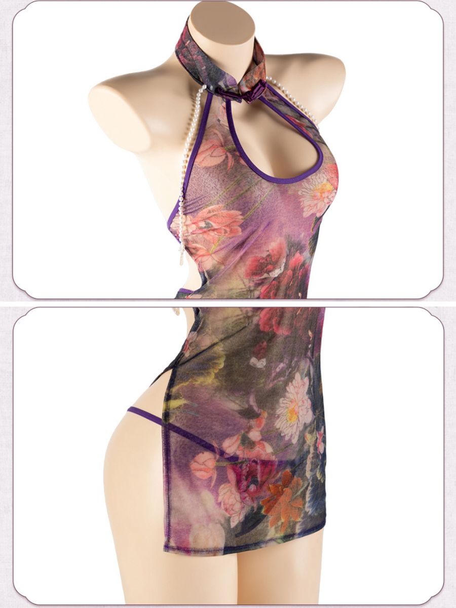 Sheer Floral Cheongsam-Inspired Dress