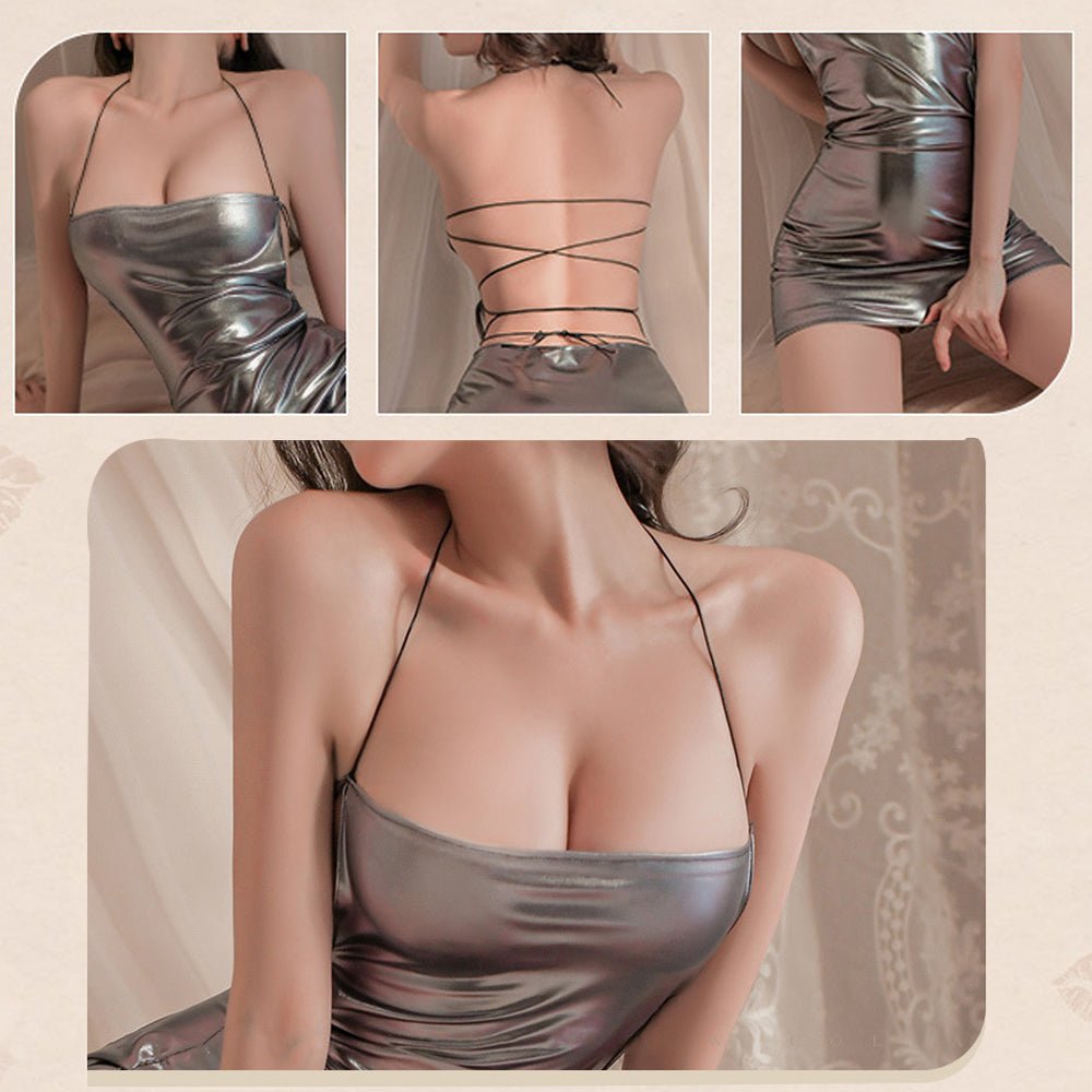 Metallic Halter Mini Dress Sexy Backless Holographic Dress with Crothless Pantyhose - jonesjonas