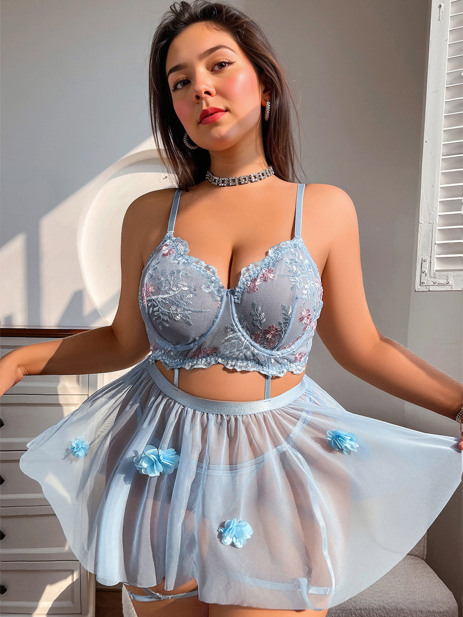 Sky Blue 3D Floral Lingerie Set