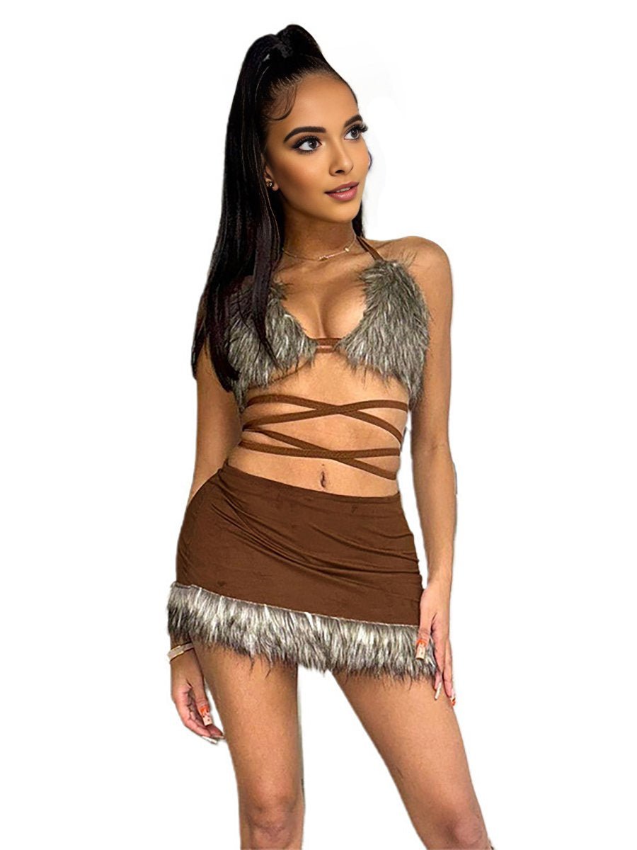 Two Piece Furry Bra Top and Skirt - jonesjonas