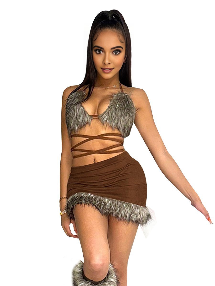 Two Piece Furry Bra Top and Skirt - jonesjonas