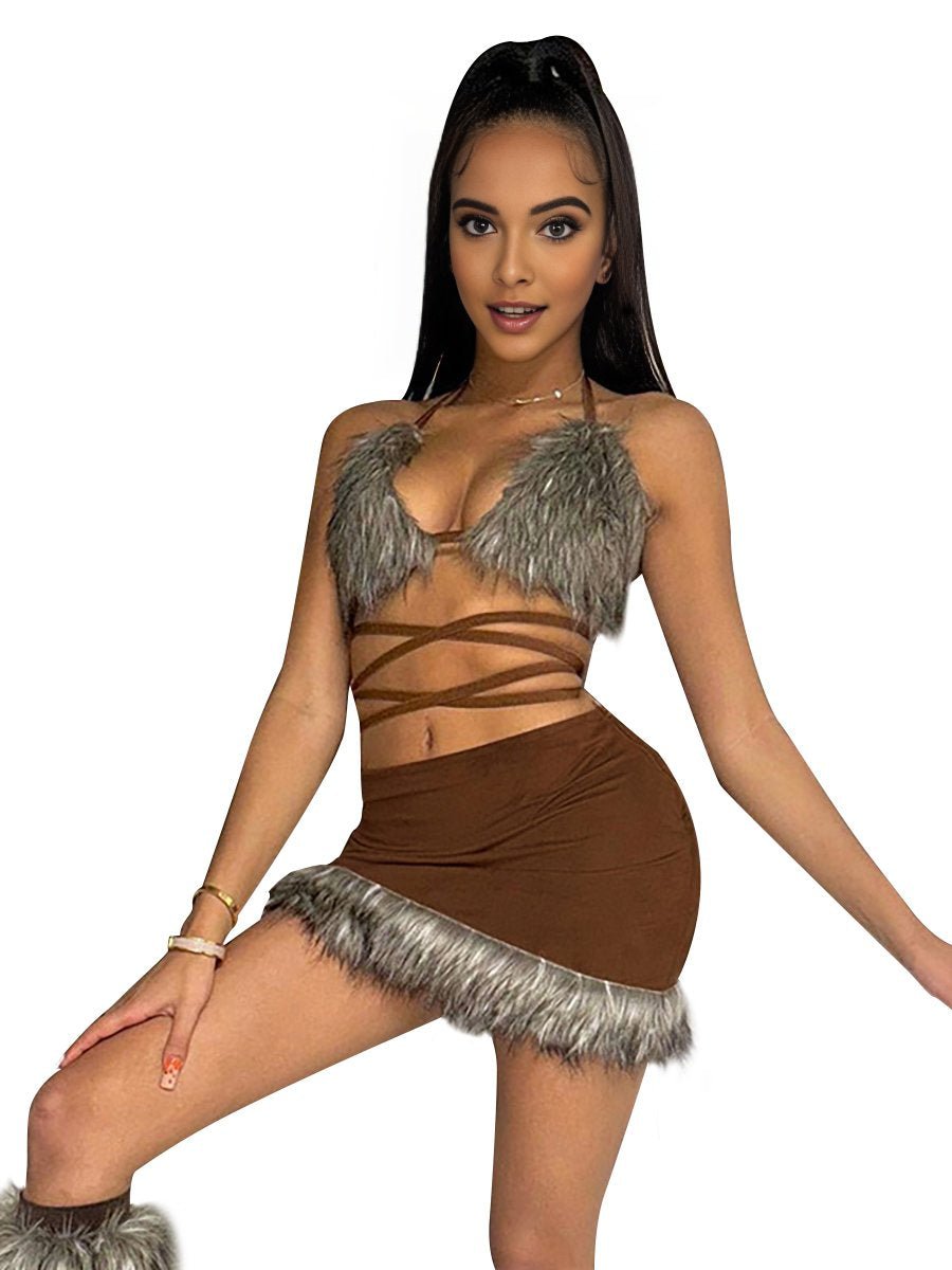 Two Piece Furry Bra Top and Skirt - jonesjonas