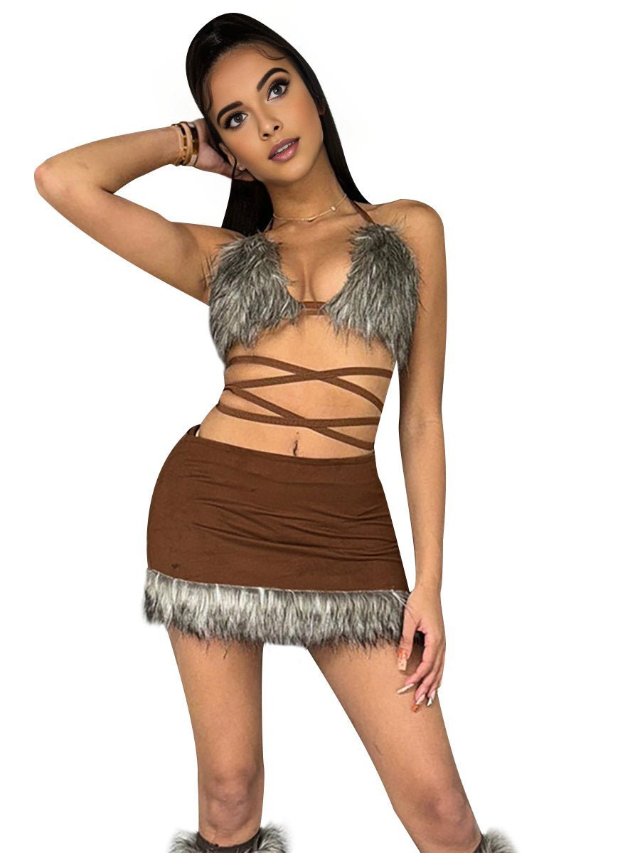Two Piece Furry Bra Top and Skirt - jonesjonas