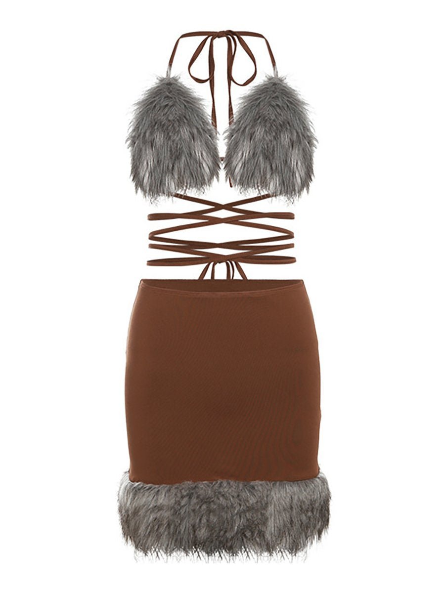 Two Piece Furry Bra Top and Skirt - jonesjonas