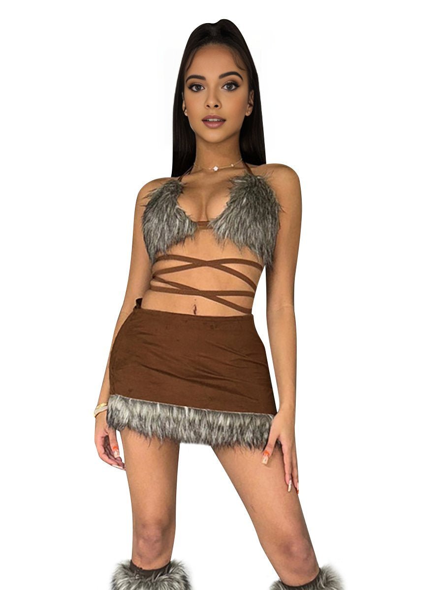 Two Piece Furry Bra Top and Skirt - jonesjonas