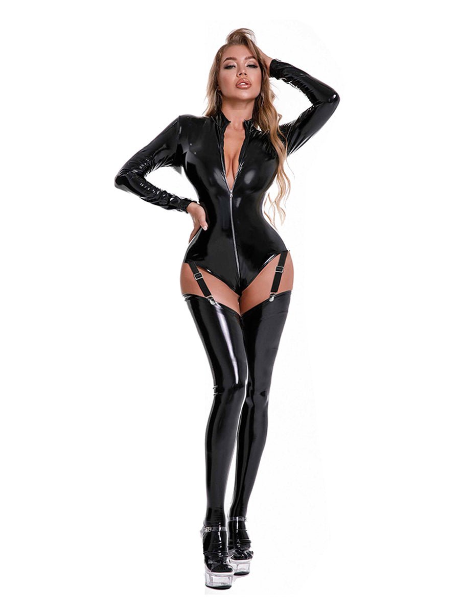 Wet Look Garter Bodysuit with Stocking - jonesjonas