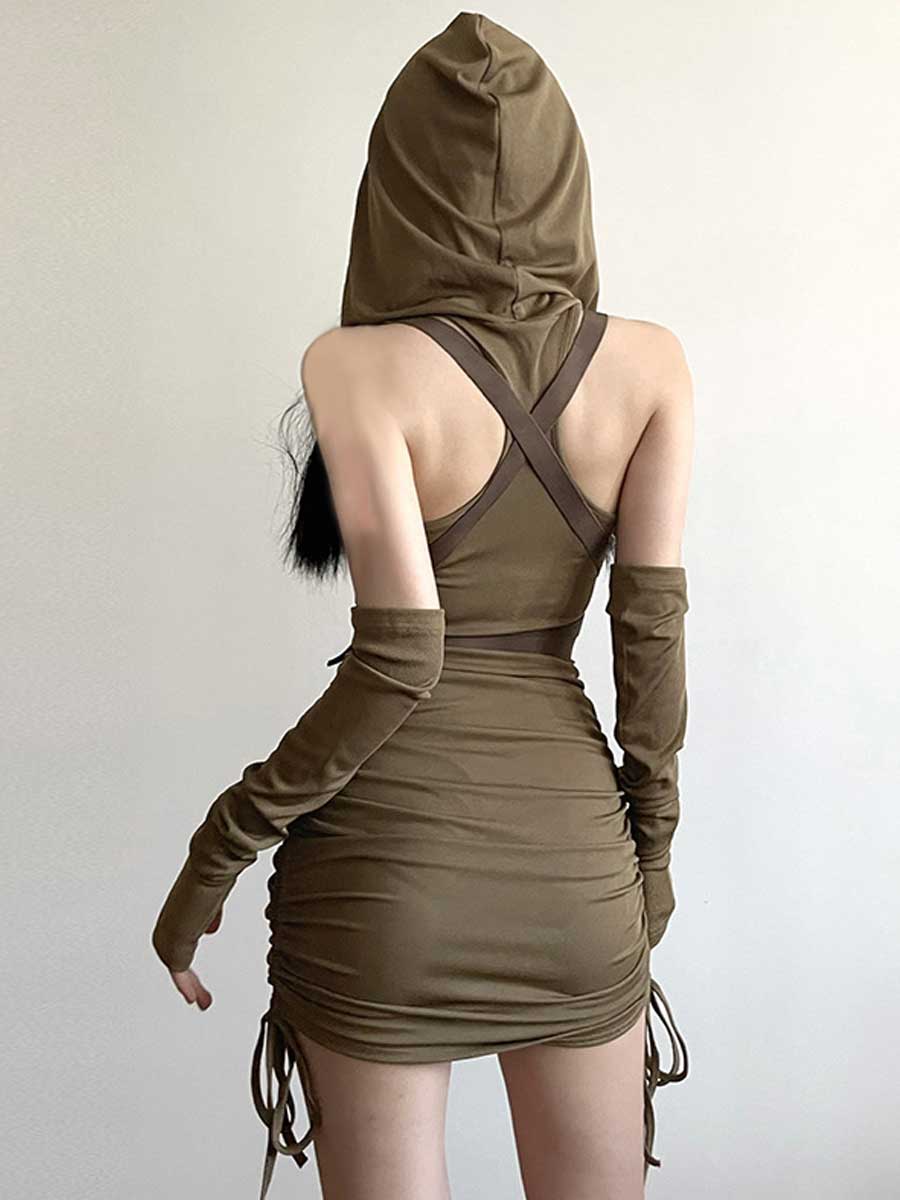 Drawstring Hooded Mini Dress with Arm Sleeves - jonesjonas
