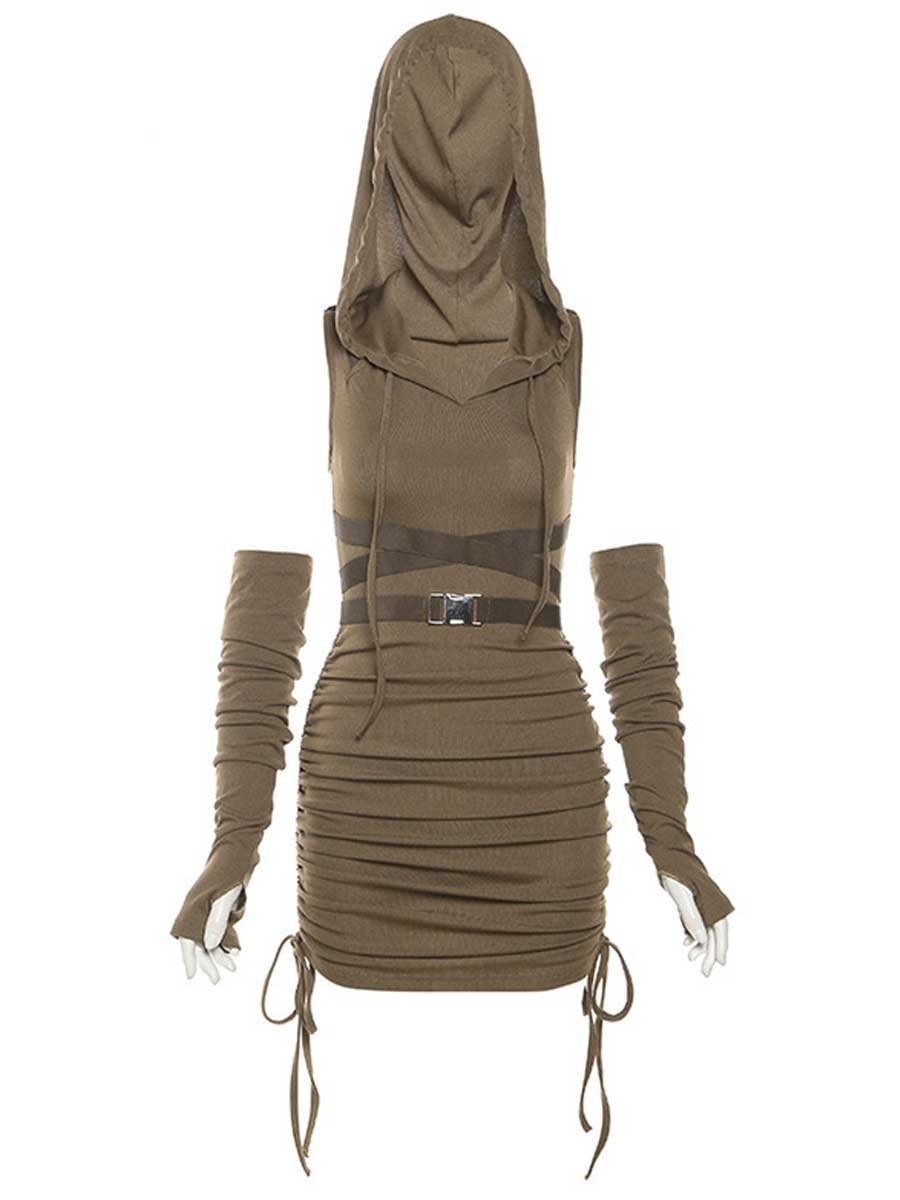 Drawstring Hooded Mini Dress with Arm Sleeves - jonesjonas