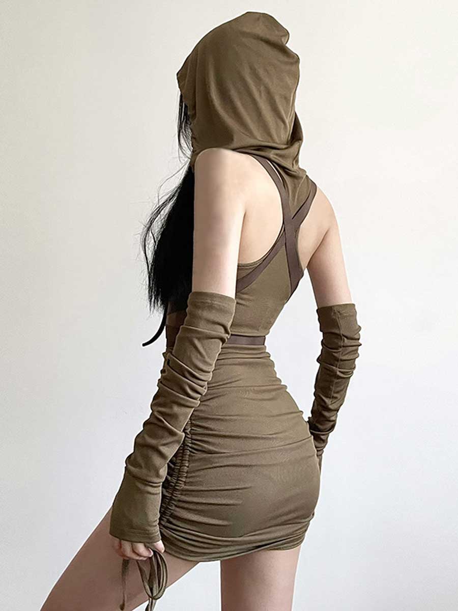 Drawstring Hooded Mini Dress with Arm Sleeves - jonesjonas