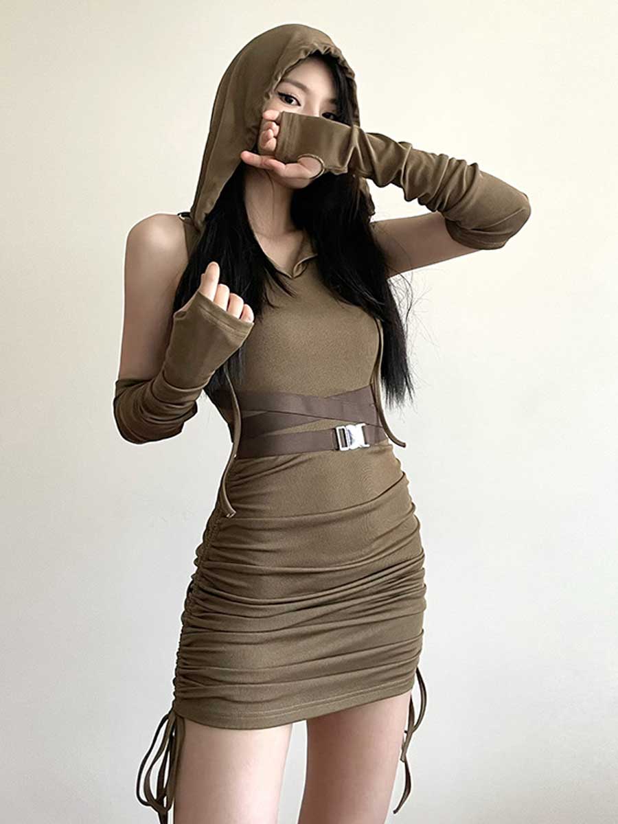 Drawstring Hooded Mini Dress with Arm Sleeves - jonesjonas