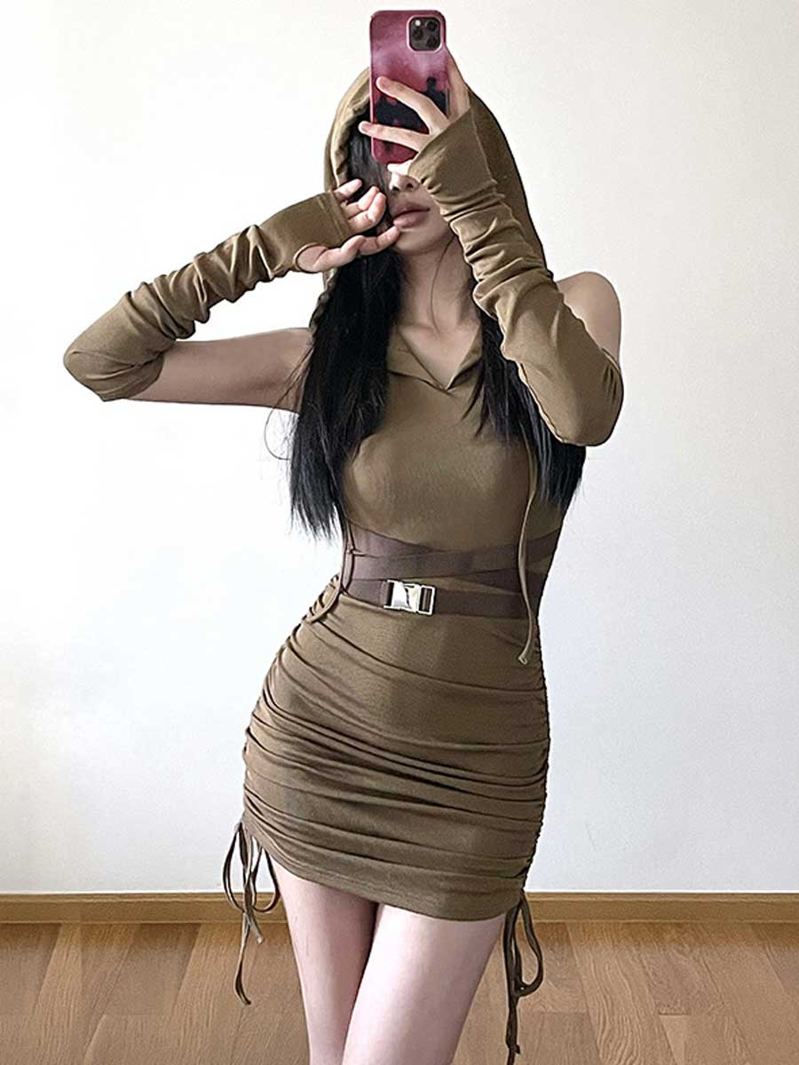 Drawstring Hooded Mini Dress with Arm Sleeves - jonesjonas
