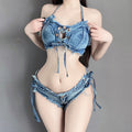 Yomorio 2 Piece Denim Club Outfit Distressed Denim Lace Up Crop Top and Shorts