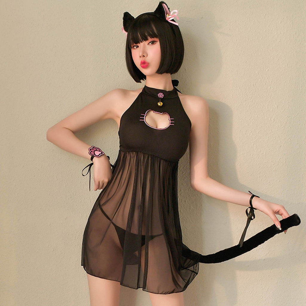Yomorio Cat Lingerie Set Japanese Animal Cosplay Costume Sheer Mesh Badydoll Dress