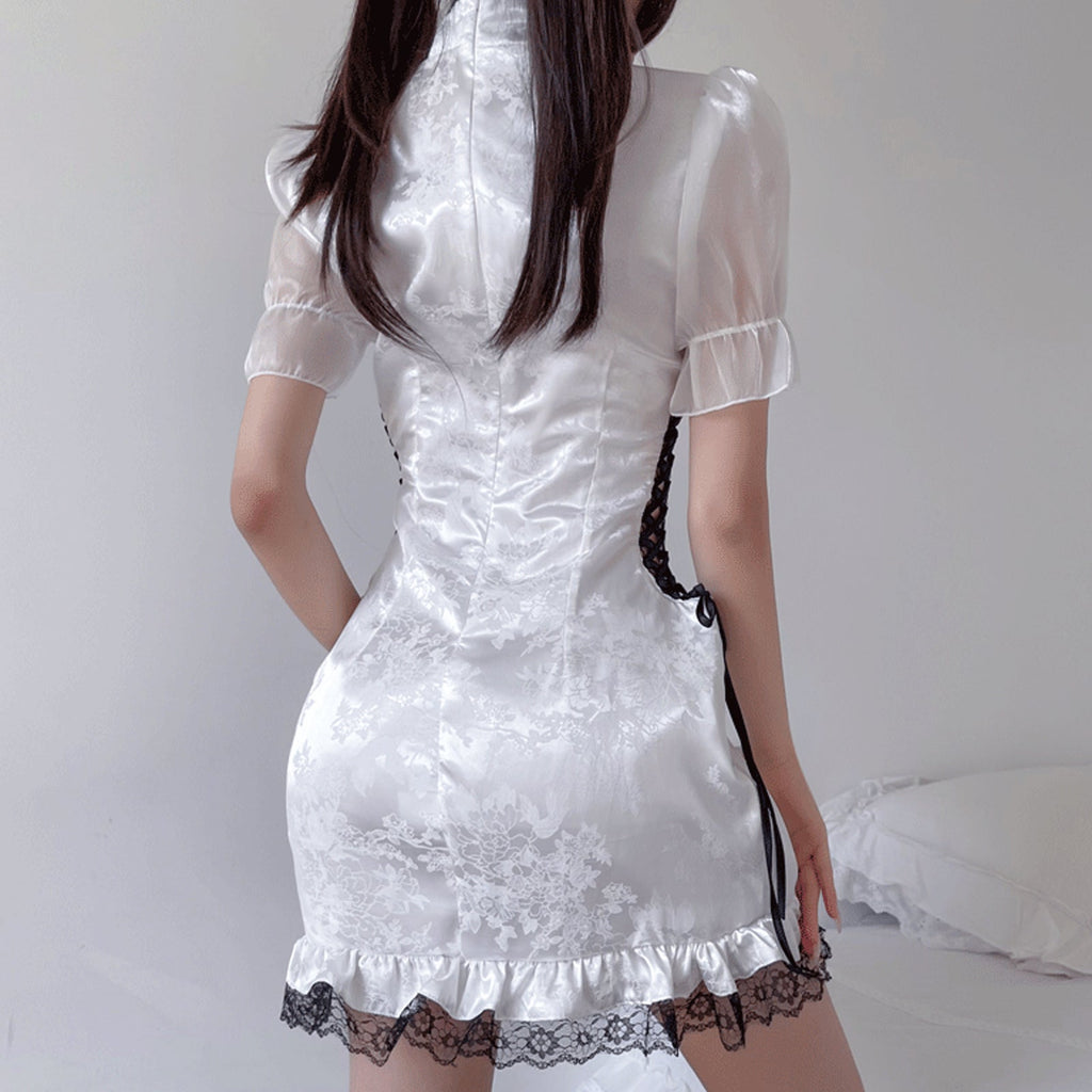 Yomorio Chinese Cheongsam Babydoll Dress Side Lace-Up White Qipao Dress