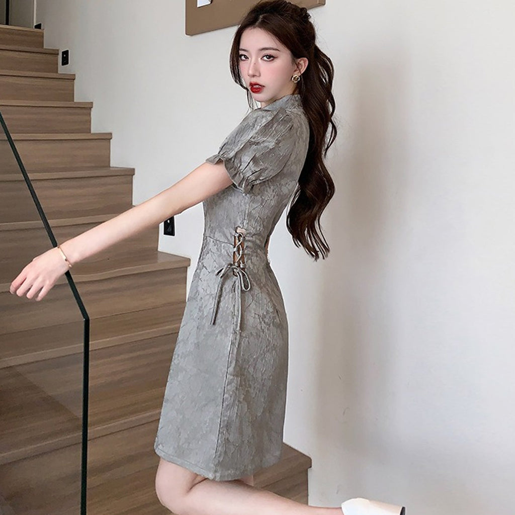 Yomorio Grey Chinese Dresses Cut Out Short Sleeve Slim Fit Cheongsam Dress