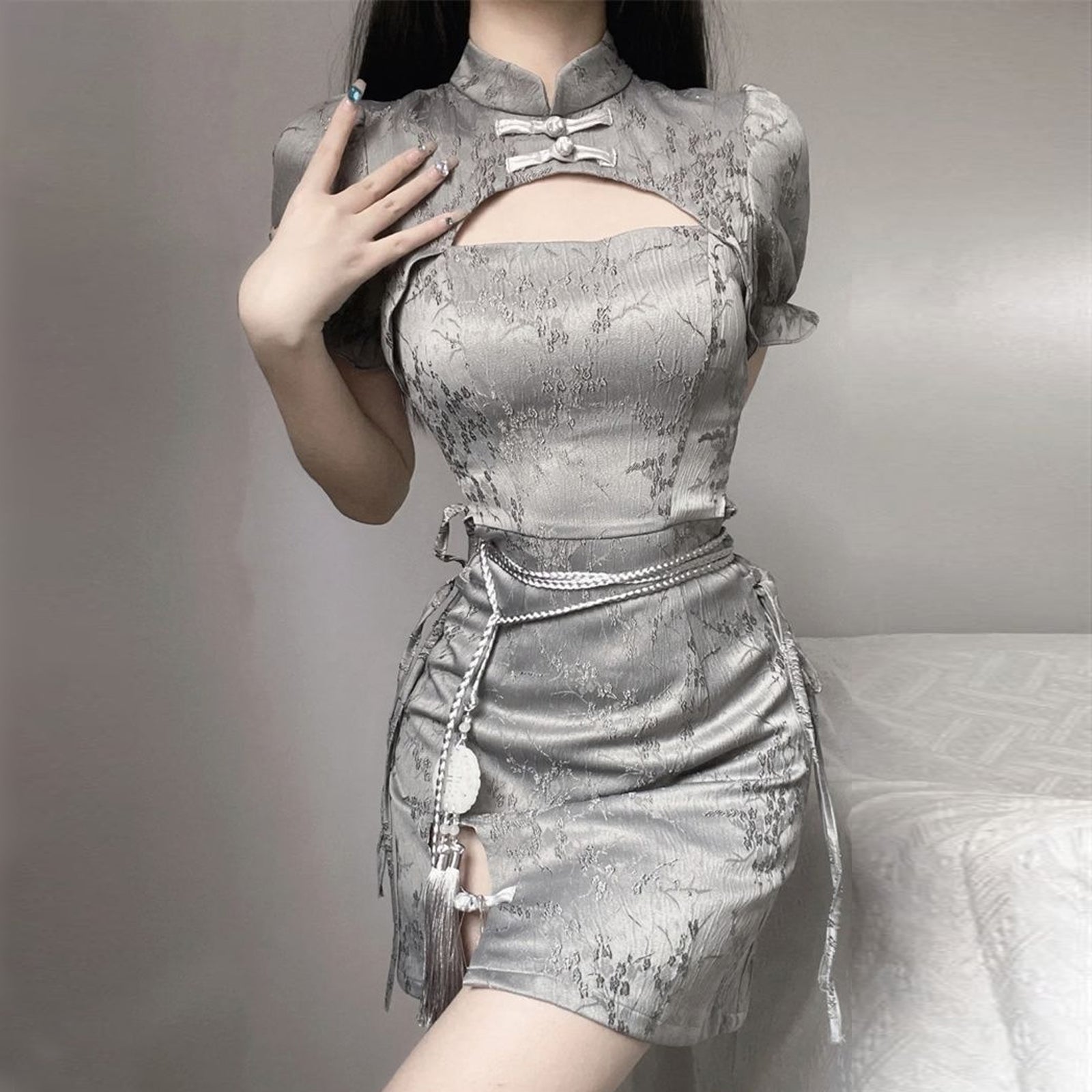 Yomorio Grey Chinese Dresses Cut Out Short Sleeve Slim Fit Cheongsam Dress
