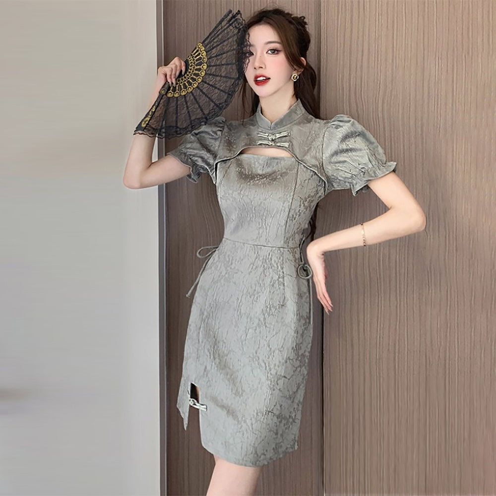 Yomorio Grey Chinese Dresses Cut Out Short Sleeve Slim Fit Cheongsam Dress