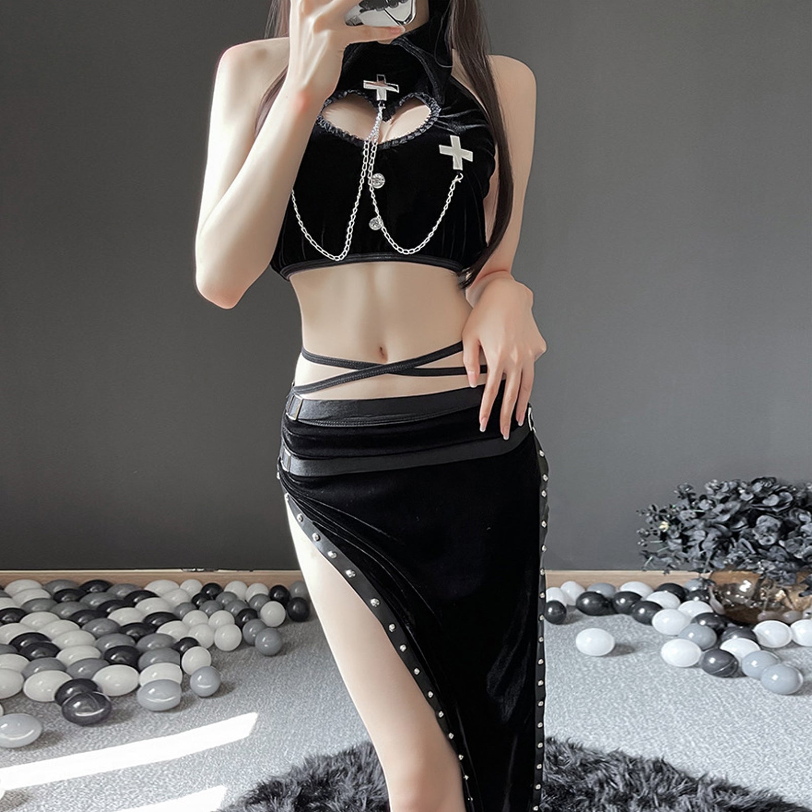 Yomorio High Slit Skirt Set 2 Piece Exotic Devil Cosplay Costume Cut Out Crop Top and Skirt