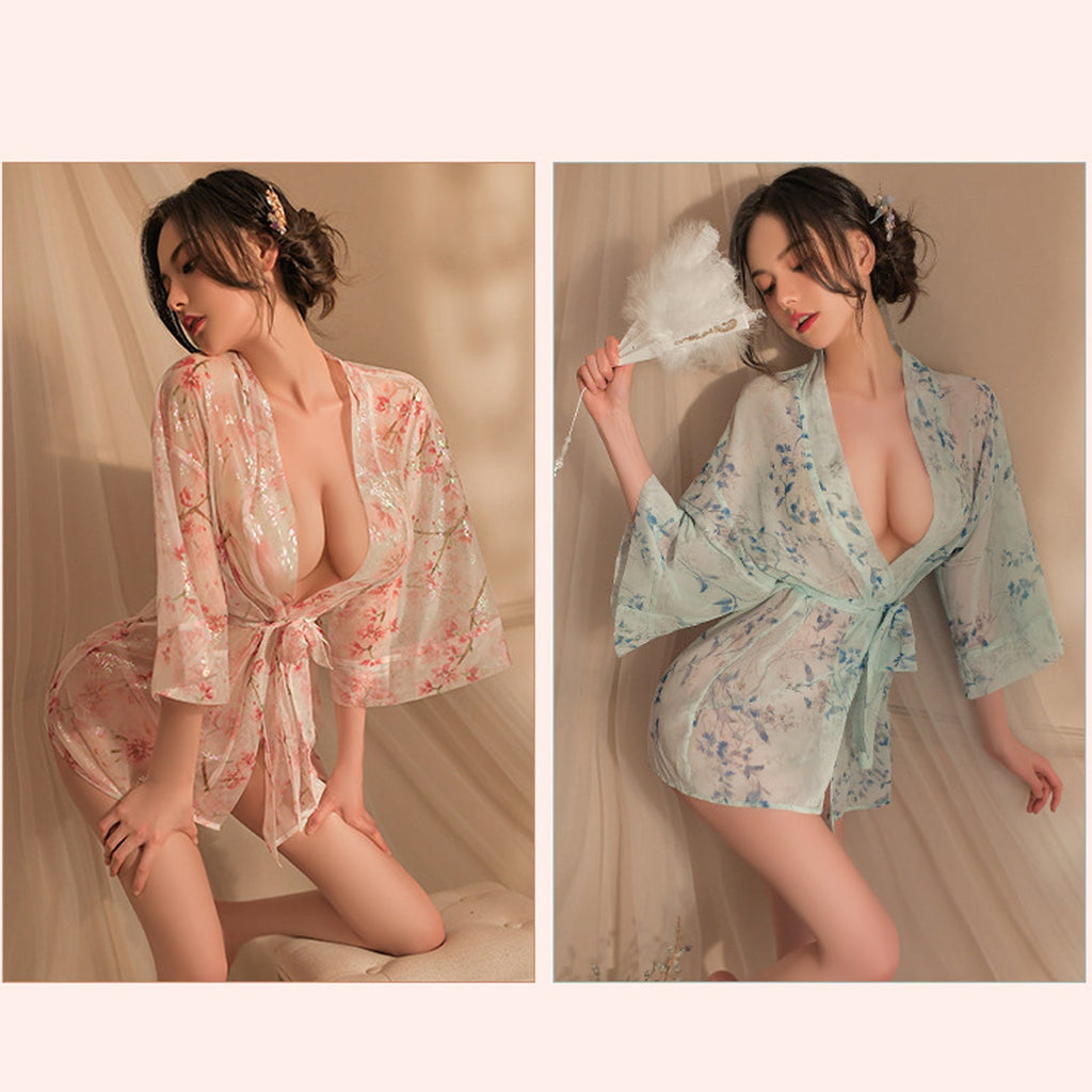 Yomorio Japanese Kimono Robes Anime Geisha Cosplay Lingerie V Neck Floral Print Dress