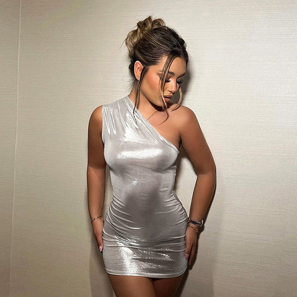 Yomorio Metallic Mini Dress One Shoulder Sleeveless Bodycon Dress Shiny Cocktail Party Dress - jonesjonas