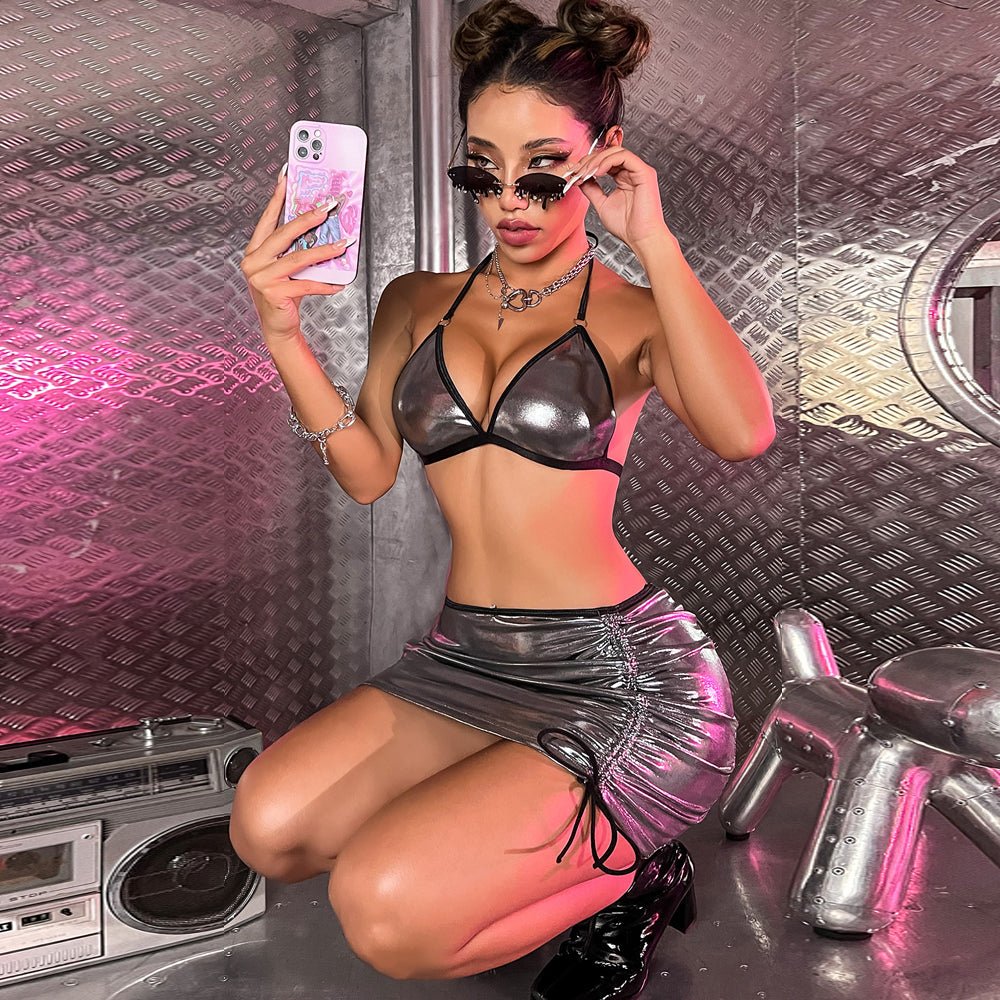 Yomorio Metallic Skirt Set Halter Backless Bra Top and Ruched Drawstring Mini Skirt - jonesjonas